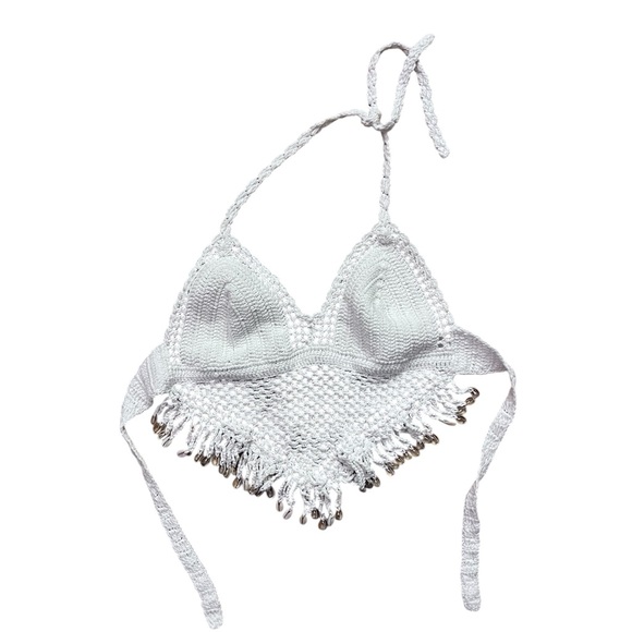 White Crochet Fringe Halter Top with Shells - Picture 2 of 6